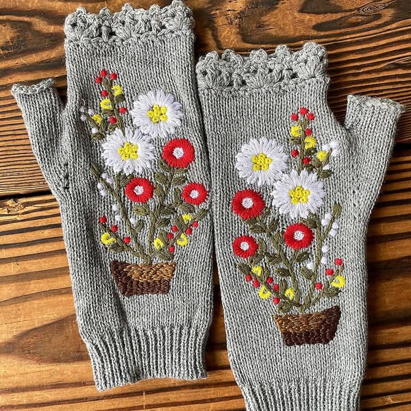 Strikkede fingerløse hansker, elastiske hansker med blomsterbroderi Water blue