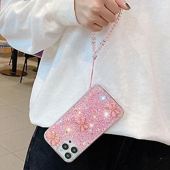 【2F】For iPhone 12 Mini Starry Sky Sequin Jade Butterfly Epoxy TPU-telefondeksel med stropp Silver