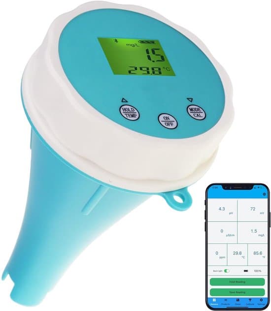 Intelligent vandkvalitetstester: Bluetooth 6-i-1 flydende monitor til pools, spabade/hydroponics - Måler pH, EC, ORP, klor, salinitet/temperatur