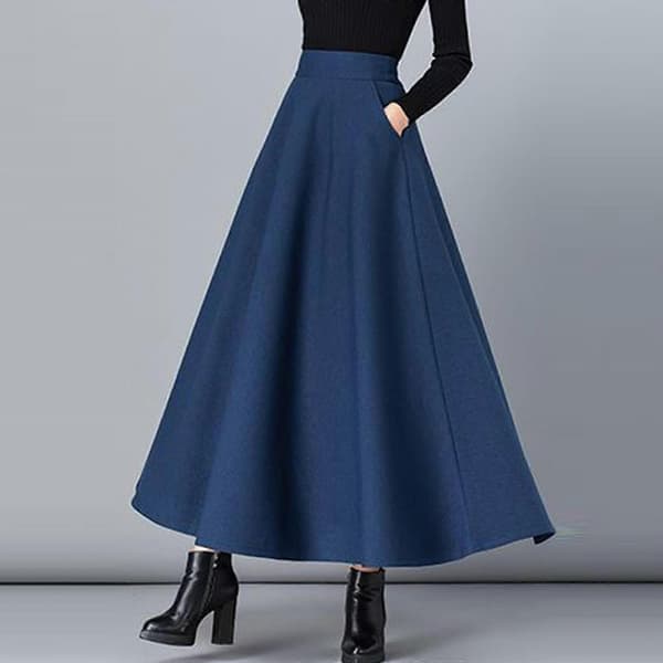【2F】Damkjol Varm Elastisk Midja Ull A-linje Plisserad Enfärgad Vinter Lång Kjolar marinblå M navy blue M