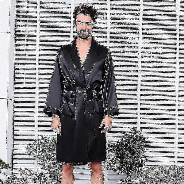 Lyxig pyjamas i satinsilke för män, kimono, morgonrock, pyjamas, myskläder, svart Black M