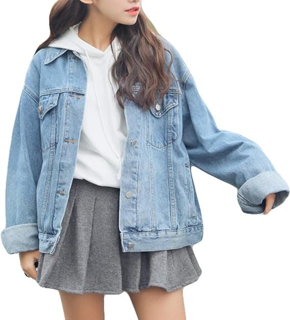 【2F】Överdimensionerad jeansjacka för kvinnor flickor långärmad boyfriend jeansjacka lös jacka