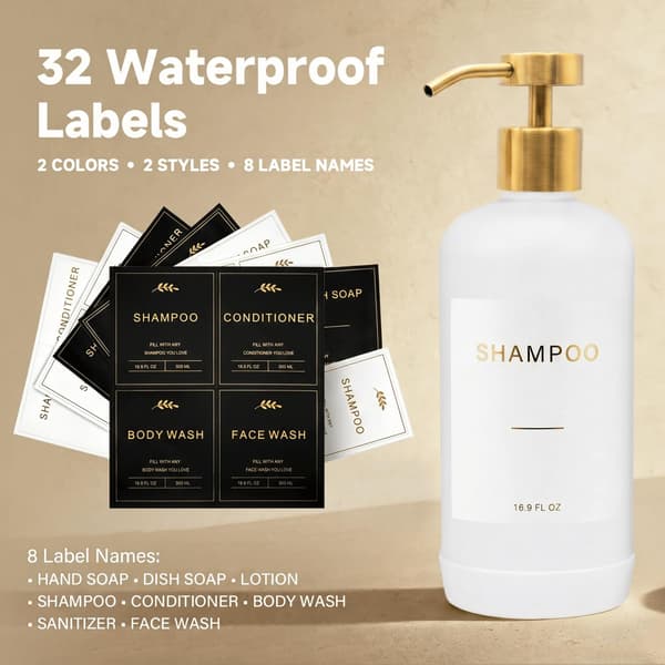 Prus Waso sjampo- og balsamdispensersett, dusjsåpedispenser, gu White & Gold