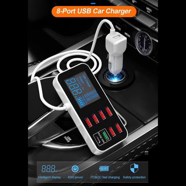 [2F]Biloplader, A9S Mini Hurtigoplader til Bil 8 Port Multi USB LCD Skærm 12V Telefonoplader USB Hub til Telefon Tablet DVR