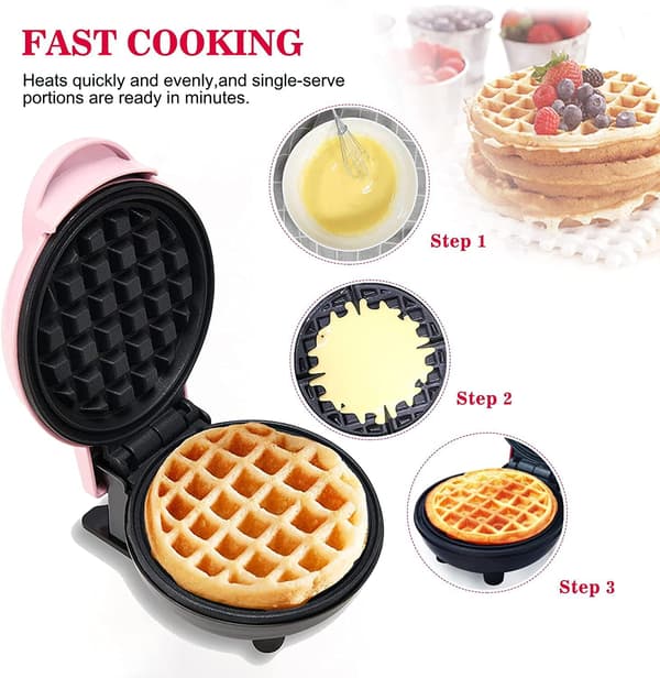Vaffeljern med non-stick belegg, vaffelfyll, justerbar bruningskontroll, hjerteform, rosa.
