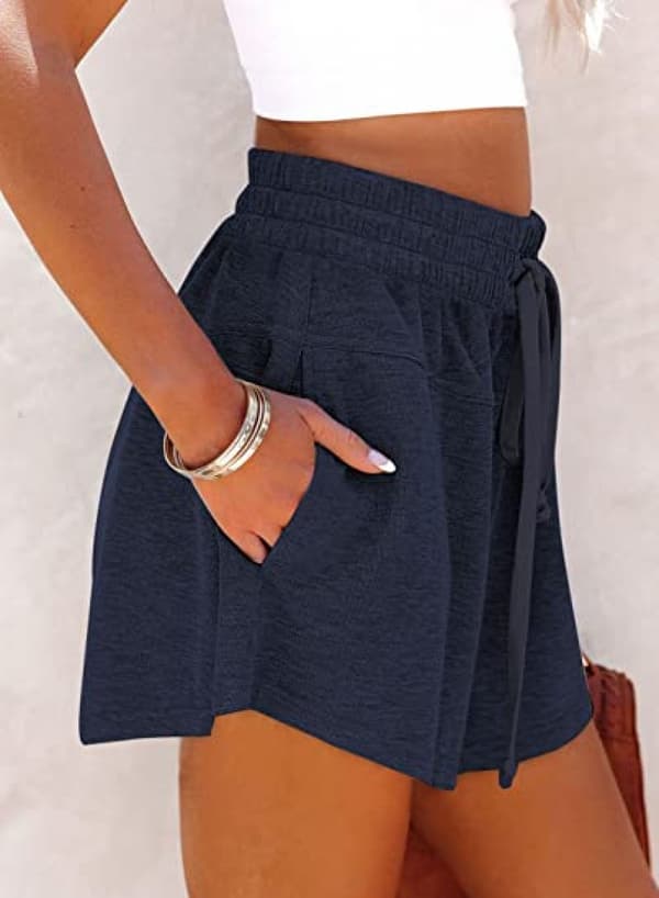 AVEKI Dame Sommer Casual Comfy Soft Snørebånd Elastisk Talje Sweat Shorts --- Navy Blue (Størrelse L)
