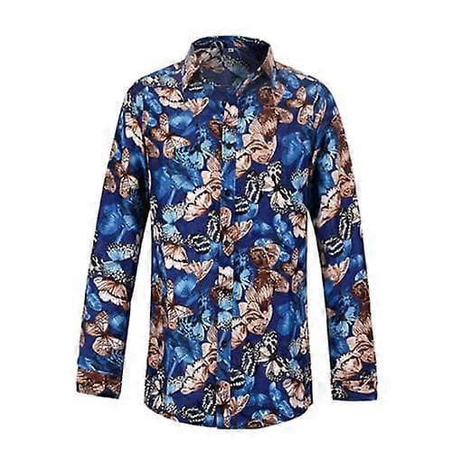 Uformell blomsterskjorte for menn, langermet 3D-knappeskjorte navy L