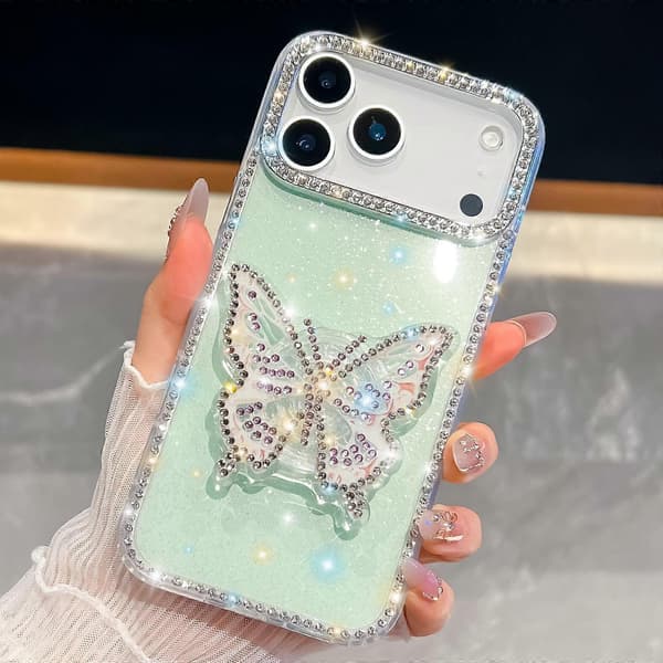 【2F】Diamantglittrande Fjärilsställ Mobilskal (Kompatibel med iPhone 17 Pro Max) - GRÖN