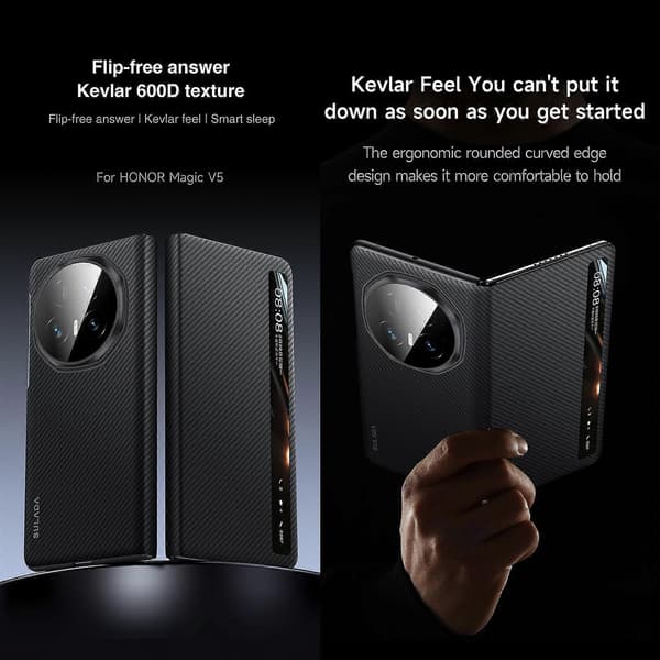 【2F】SULADA Kevlar 600D tekstur Smart Window lædertelefoncover kompatibel med Honor Magic V5 Brown