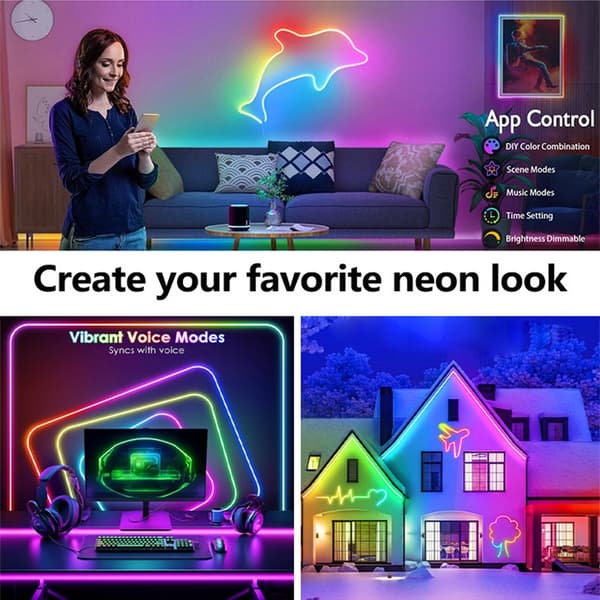 20M RGBIC Neon LED Strip Light - Bluetooth & 2.4G Remote Control, IP67 Waterproof, Flexible Silicone Neon Lamp