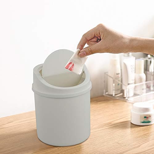 [2F]Liten søppelbøtte i plast, mini skrivebordssøppelbøtte med svinglokk, hvit
