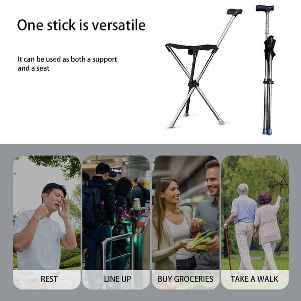 Foldbar stok med stol til ældre og handicappede, kraftig justerbar stok med sæde til udendørs brug
