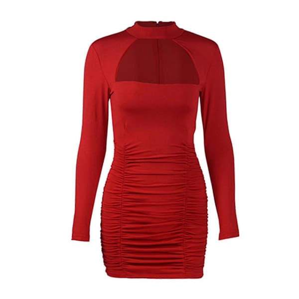 【2F】Dame ensfarget sexy hul slim minikjole rød M