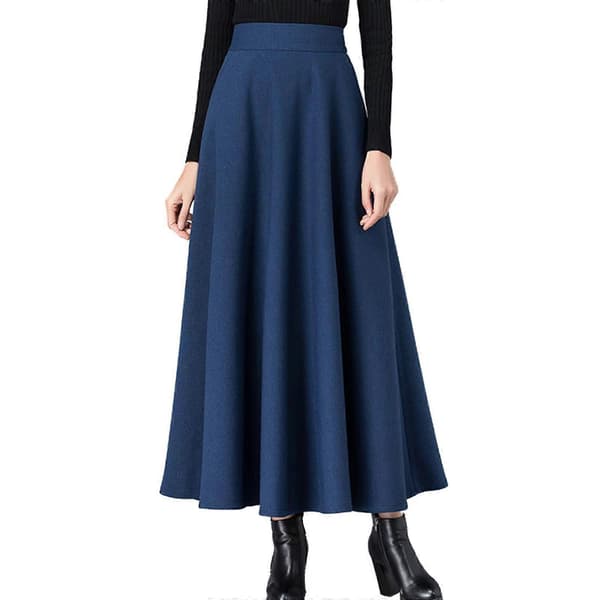 【2F】Damkjol Varm Elastisk Midja Ull A-linje Plisserad Enfärgad Vinter Lång Kjolar marinblå M navy blue M
