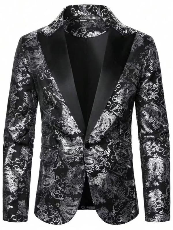 Herrar Floral Smokingjacka Paisley Sjal Krage Kostym Blazer Jacka för Middag Silver Silver L