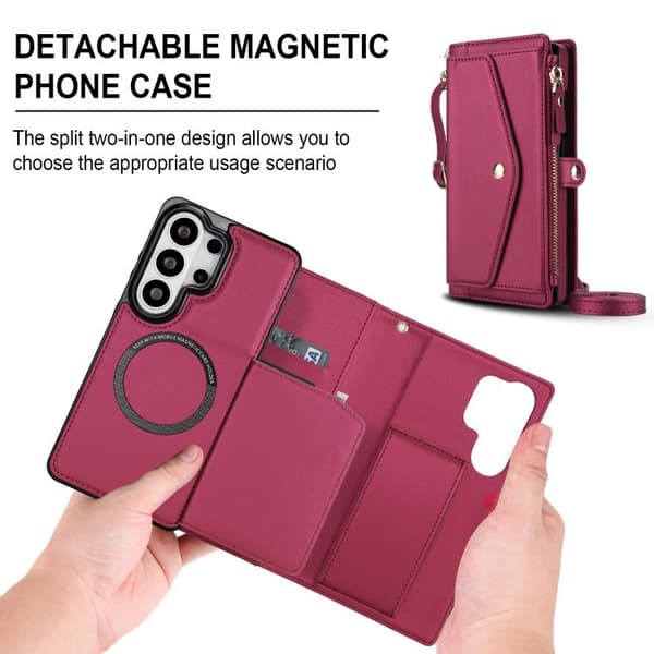Kompatibel med Samsung Galaxy S26 Ultra 5G Case in Multifunctional Leather with Detachable Strap Röd