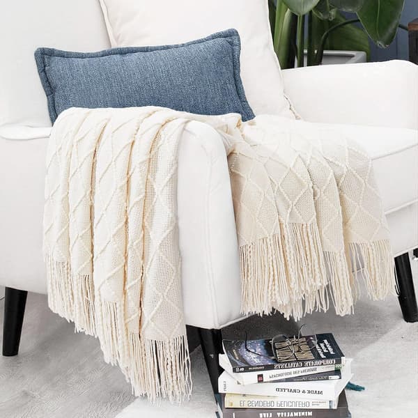[2F]127x180cm Beige, 1 stk. strikket sofatæppe lille sofatæppe, blødt fleecetæppe Pompon strikket tæppe Aircondition tæppe Biltæppe til