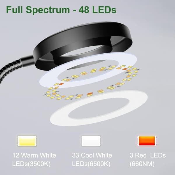 Clip-on Full Spectrum LED Plantelys til Indendørsplanter, Plantelys / Plantebelysning med Justerbar Lysstyrke & Timer, Sort