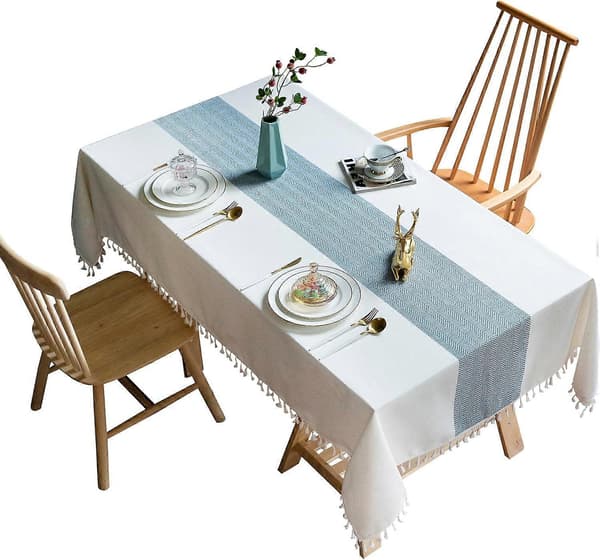 Bordduk i bomull og lin, rektangulær, vaskbar, 55'x70' (beige, blå stripe)