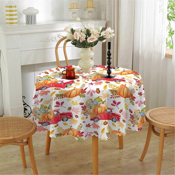 150 cm rund bordsduk i polyester med pumpa- och lönnlövsdesign för höstsamlingar Pattern 6