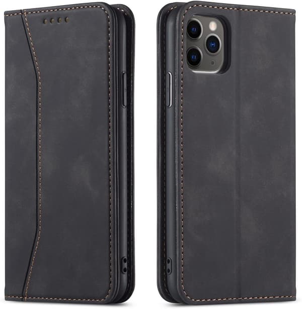 【2F】För iPhone 11 -16 Magnetiskt Läderfodral, Premium Läder Flip Cover Vikbart Kortfack Stötsäker Stativfunktion (Svart) iPhone 12