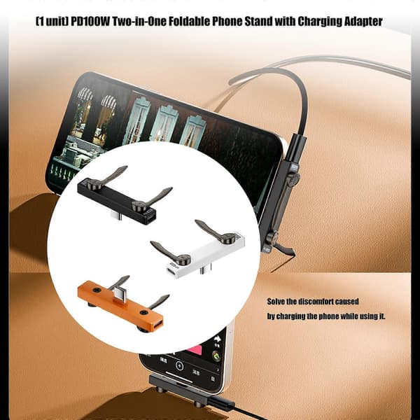 Bærbar USB C Telefonladeadapter, PD100W Sammenleggbart Telefonstativ med Doble Armer for Visning under Opplading Svart Black