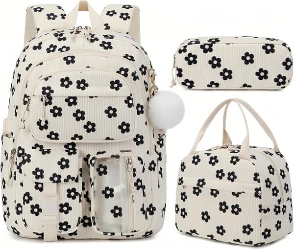 3-piece Backpack Set for Girls, Cute Corduroy School Backpack with Lunch Bag, Bow and Multiple Pockets Black Black Flower