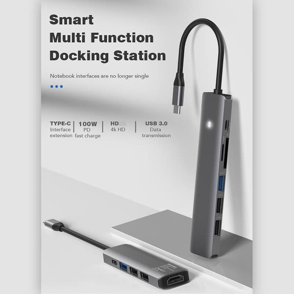 Blueendless Type-C HUB Dockingstasjon USB3.0 2.0 HDMI-kompatibel PD100W SD TF 7 in one
