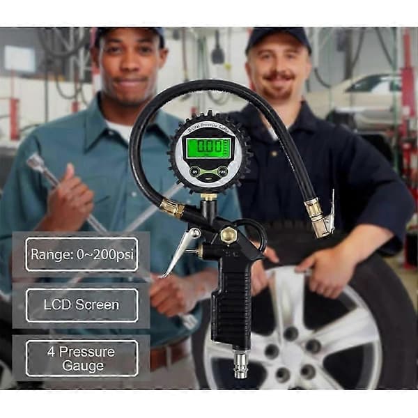 Fordonsmätare med bakgrundsbelysning, 200 PSI LCD digital däcktrycksmätare och däckpump Black
