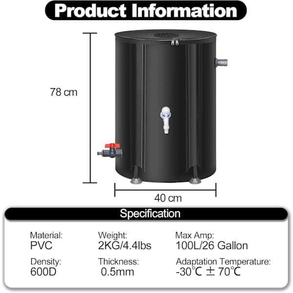 100L Sammenleggbar Regntønne, Bærbare Regntønner for Oppsamling av Regnvann fra Takrenne, Vanntankbeholder
