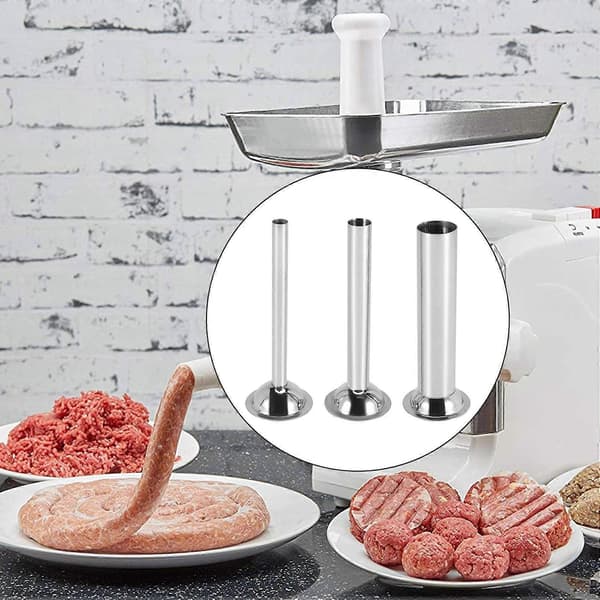 [2F]3 stk. Pølsehorn i rustfritt stål, fyllerør, trakter, dyser, reservedeler, fyllerør, basediameter: 58 mm