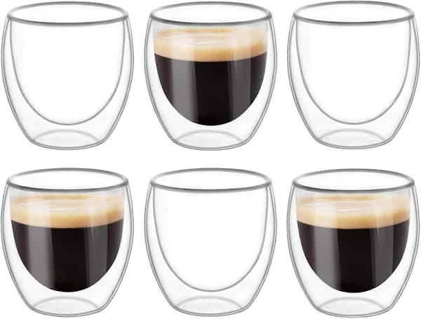 [2F]6 stk. Dobbeltvæggede kopper Glas krus, klare dobbeltvæggede kaffekopper, dobbeltvæggede, cappuccino, latte og isolerede (80 ml)