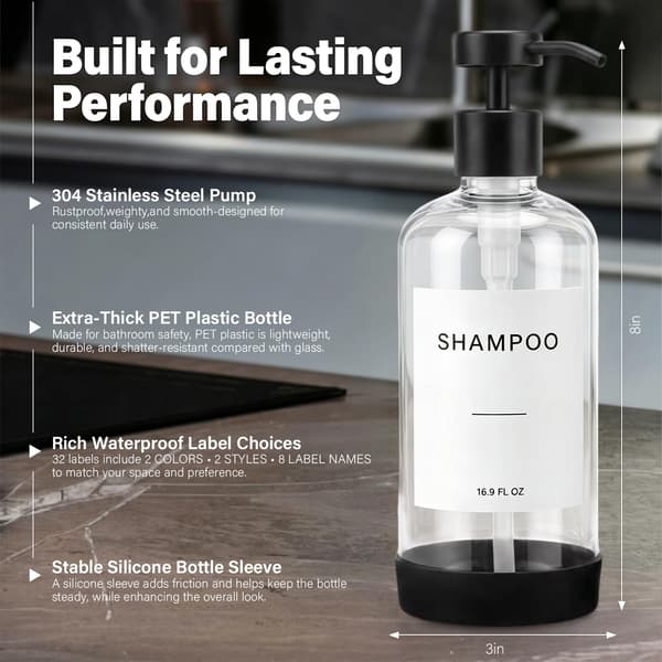 Prus Waso shampoo- og balsamdispensersæt, klar og sort Clear & Black