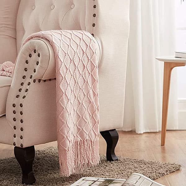 [2F]127x180cm Pink, 1 stk. Strikket Sofatæppe Lille Sofatæppe, Blødt Fleecetæppe Strikket Tæppe Pompon Aircondition Biltæppe til Sofa