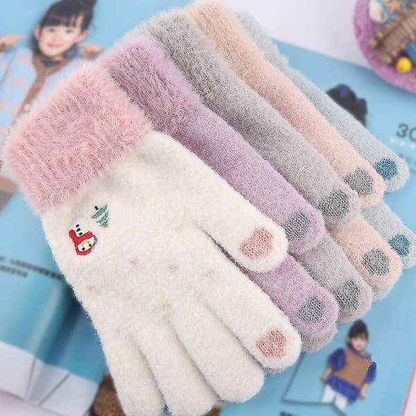 Damvinter Plus Sammet Tjock Varm För Pekskärmshandskar Söt Snögubbe Julgran Helhandsstickad Skidvante Pink