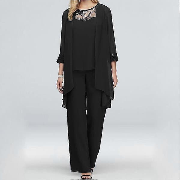 Brudens mor buksejakkesæt 3 dele kvinder bryllup formelt outfit sæt chiffon aftenkjole plus størrelser grå gray M