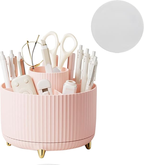 Skrivebordsorganisator med 5 rom - 360-graders roterende pennholder - (rosa)
