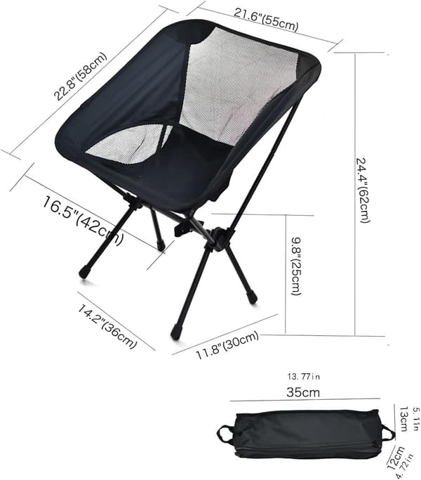 Campingstol - åndbar, komfortabel og sammenklappelig udendørsstol - ideel til camping, picnic og grill - sort