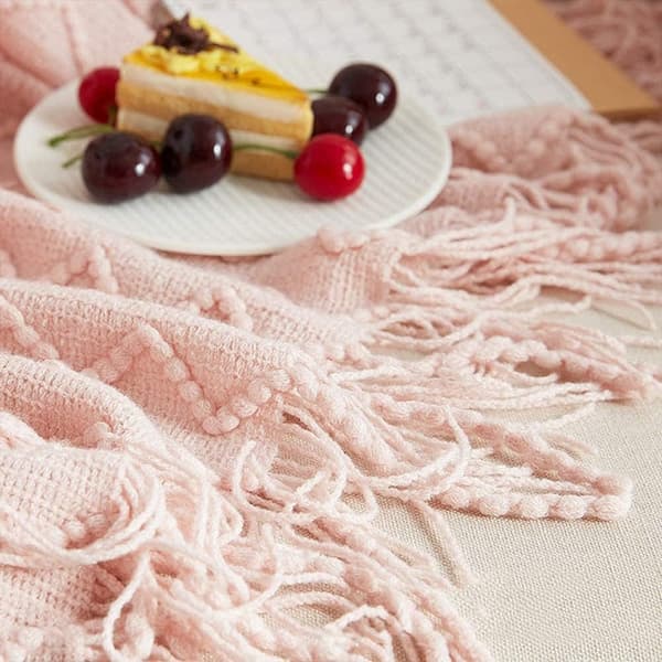 [2F]127x180cm Pink, 1 stk. Strikket Sofatæppe Lille Sofatæppe, Blødt Fleecetæppe Strikket Tæppe Pompon Aircondition Biltæppe til Sofa