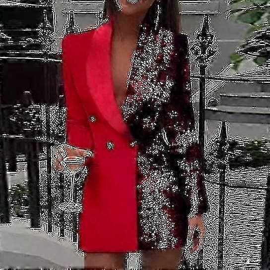 【2F】Dame Mode Farveblok Paillet Ærme Dobbeltradet Bodycon Blazer red S