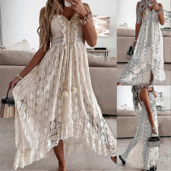 【2F】Elegant spets sommarklänning för kvinnor med spagettiband, midi Beige M