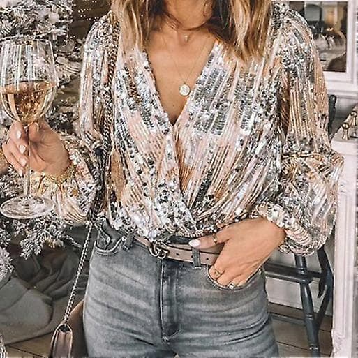 Dame glitrende paljettopp med lange ermer og plissert festbluse silver XL