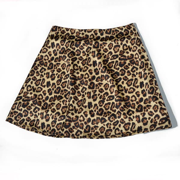【2F】AVEKI Leopardmönstrad Hög Midja Lager Satin Kort Kjol för Kvinnor, Gul - Leopard, S