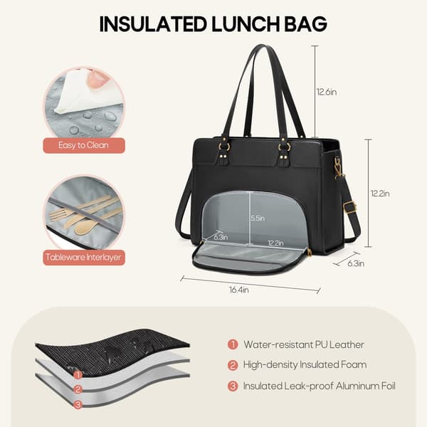 RAINSMORE Laptopveske for kvinner med isolert lunsjrom Black