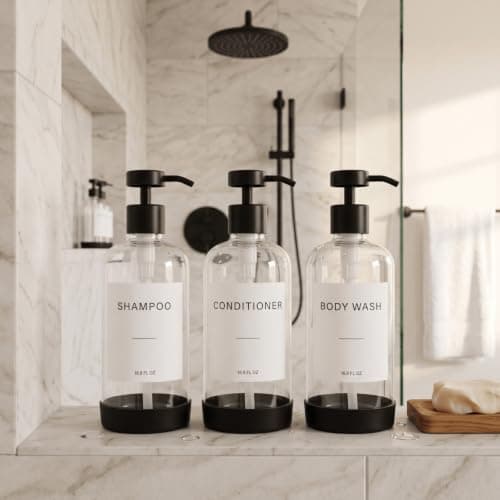 Prus Waso shampoo- og balsamdispensersæt, klar og sort Clear & Black
