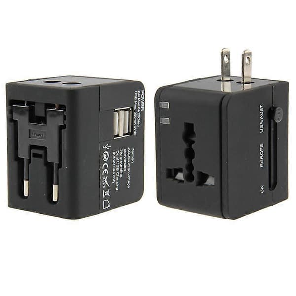 (Ny) Internasjonal 2.1A 2-USB EU / AU / US Plugg Reise Universaladapter (Svart) Black