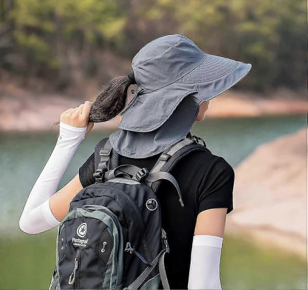 Solhattar för kvinnor UV-skydd Vikbar bred brätte Hästsvanshål Sommar Herr Strandhattar med nackskydd Dark Grey