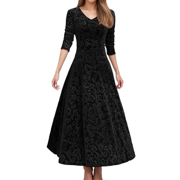 【2F】Julklänningar för kvinnor Elegant sammet Casual Långärmad V-ringad festklänning Höst Vinter Klänningar Svart M Black