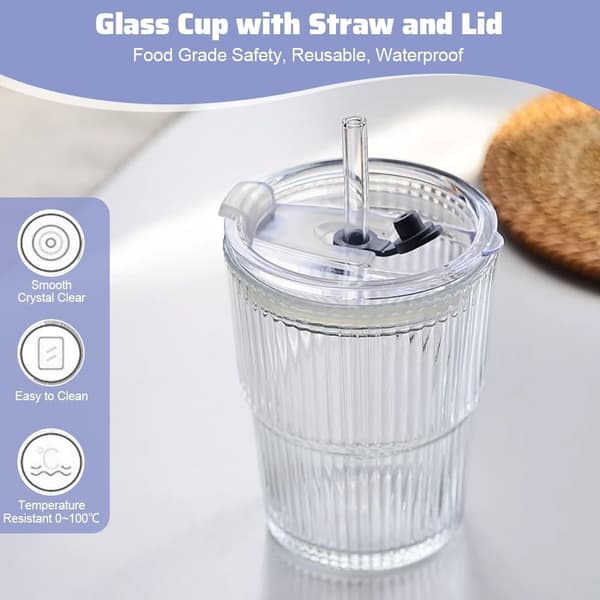 [2F]2 st Glasmugg med lock och sugrör, 400ml Glasmugg med lock och sugrör Ribbad Glasmugg, med läckagesäkert lock