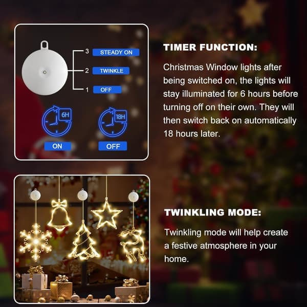5-pack Christmas Window Lights Decorations with Timer Battery Operated Christmas Hanging Warm White Luminous Snowflake Tree Star Deer Bells Shaped LED